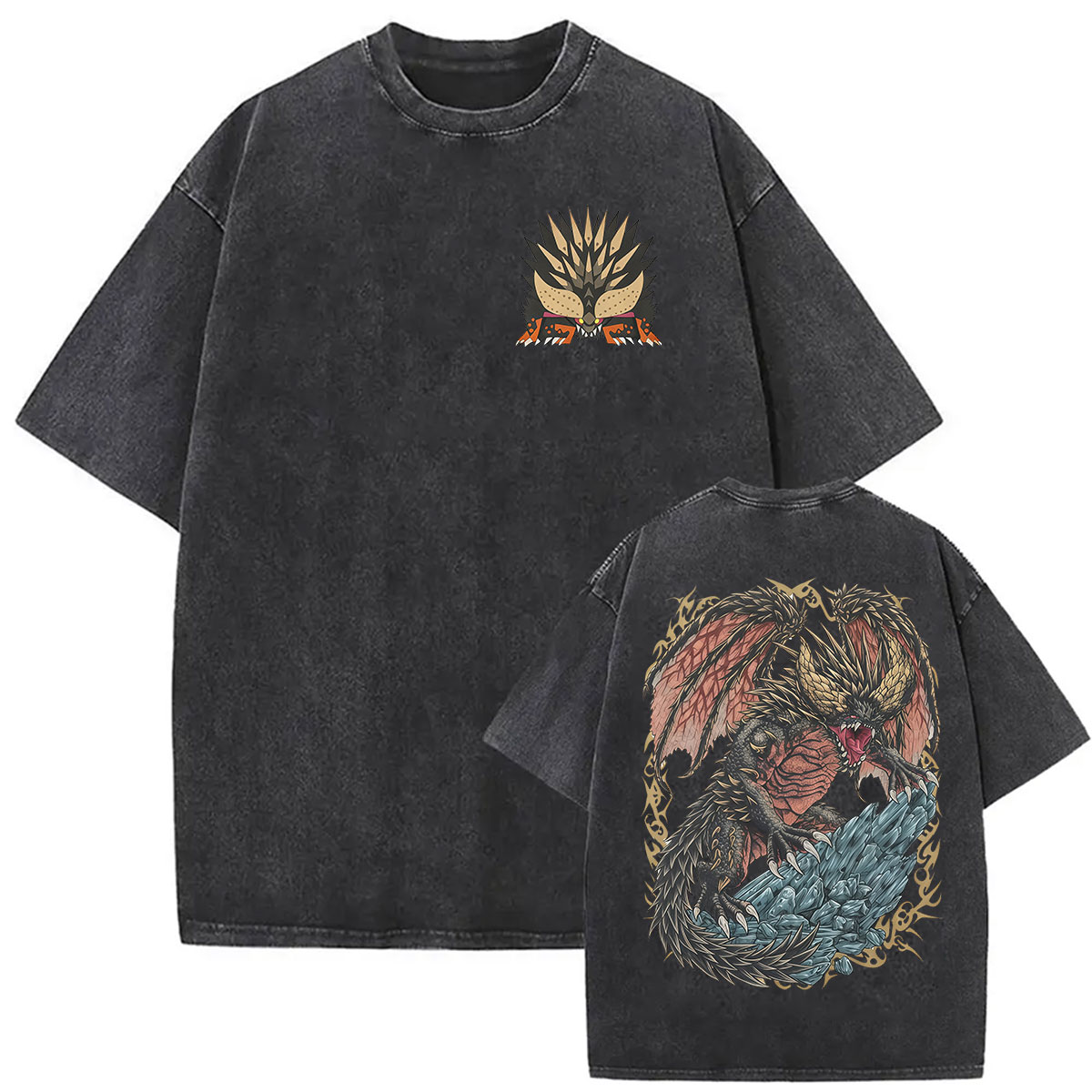 Retro Gaming T Shirt - 빈티지 워싱 몬스터 헌터 그래픽 티셔츠